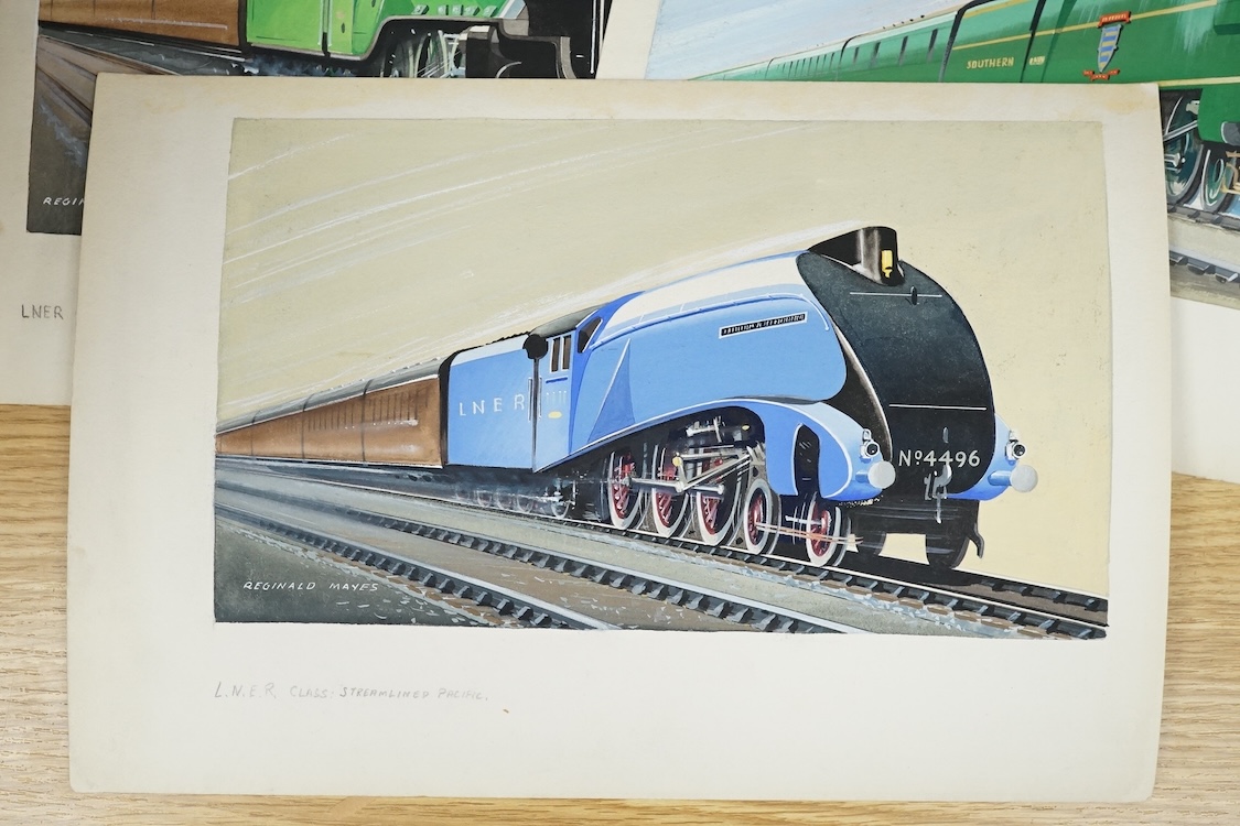 Reginald Mayes, set of three original gouaches for postcard designs, steam locomotives, comprising LNER Class Streamlined Pacific, SR Class West Country and LNER Class A2, each signed, 24 x 34cm, unframed, 24 x 34cm. Con